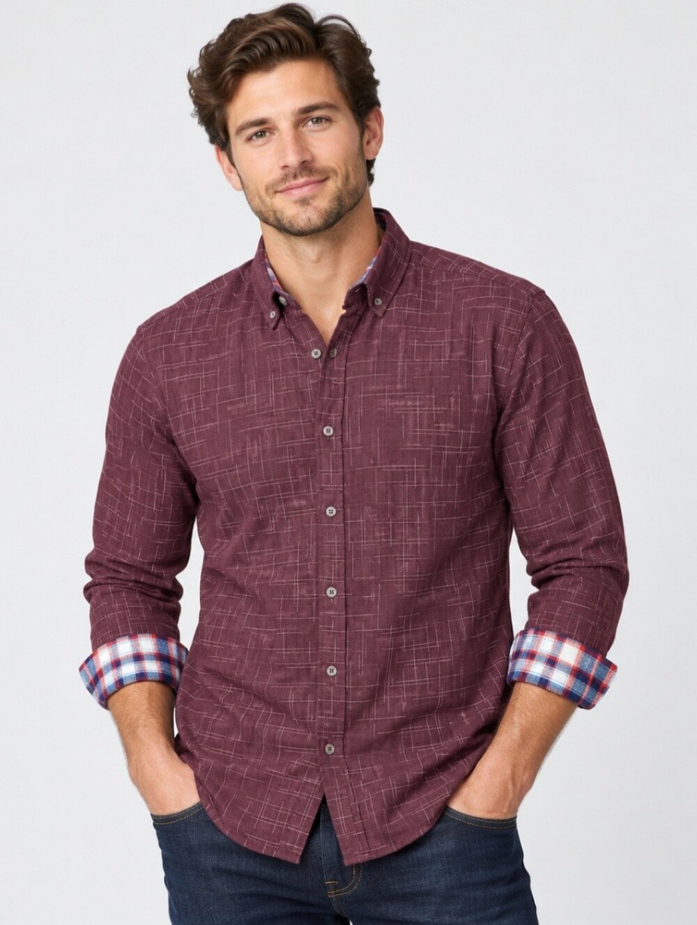 Report Collection Men's L Burgundy Geometric Button Down Plaid Cuff Cotton Shirt